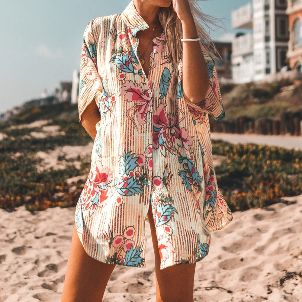 Floral Print Buttoned Cove Up Sexy Long Loose Shirt