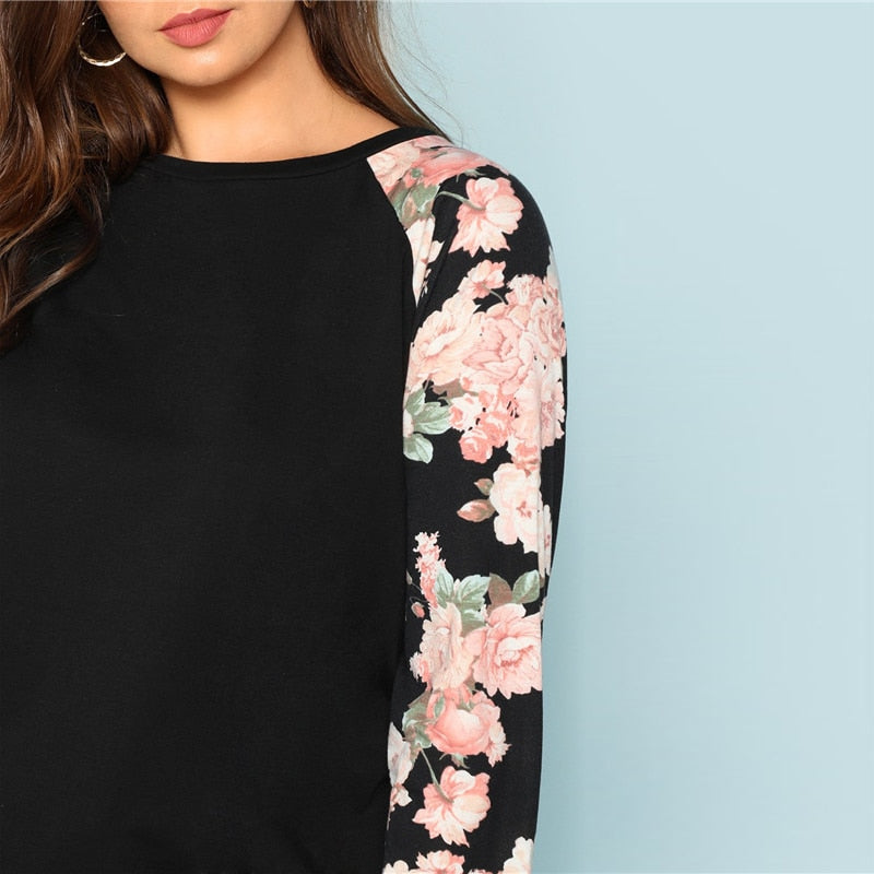 Floral Print Sleeve  Plus Size Top