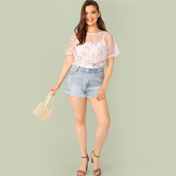 Pink Sheer Embroidery Plus Size Tee