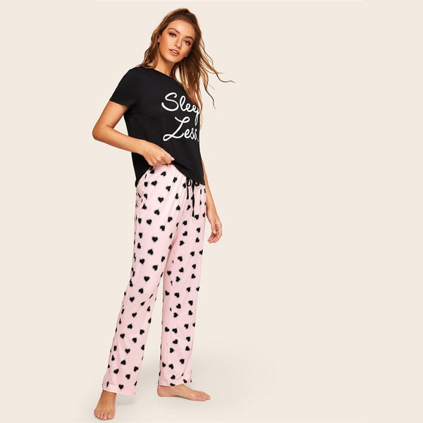 Slogan Print Top And Drawstring Waist