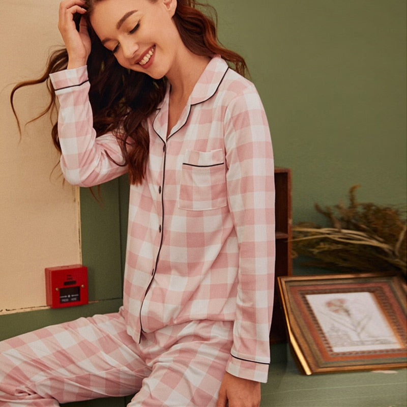 Pink Notched Collar Plaid Print