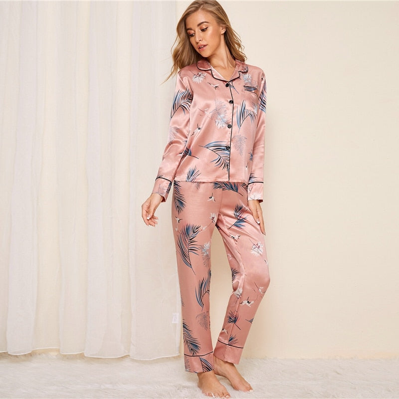 Pink Crane and Leaf Sleepwear