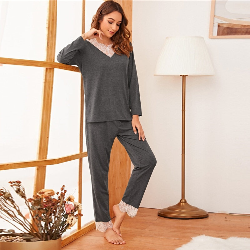 Grey Lace Long Pajama Set