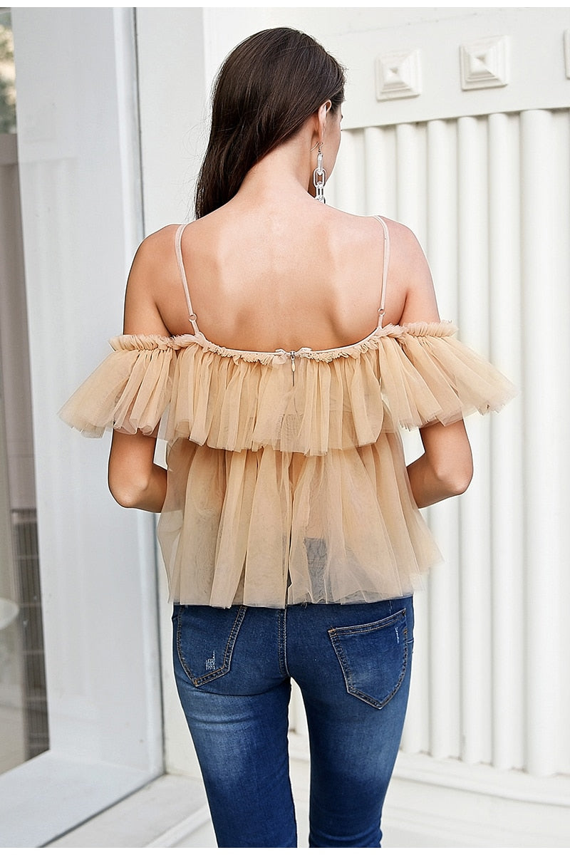 V-Neck Strap Boho Mesh Blouse Shirt