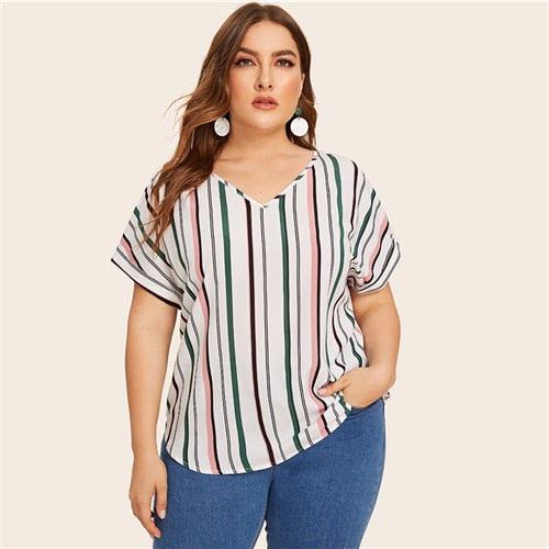 Multicolor Curved Hem Striped Blouse