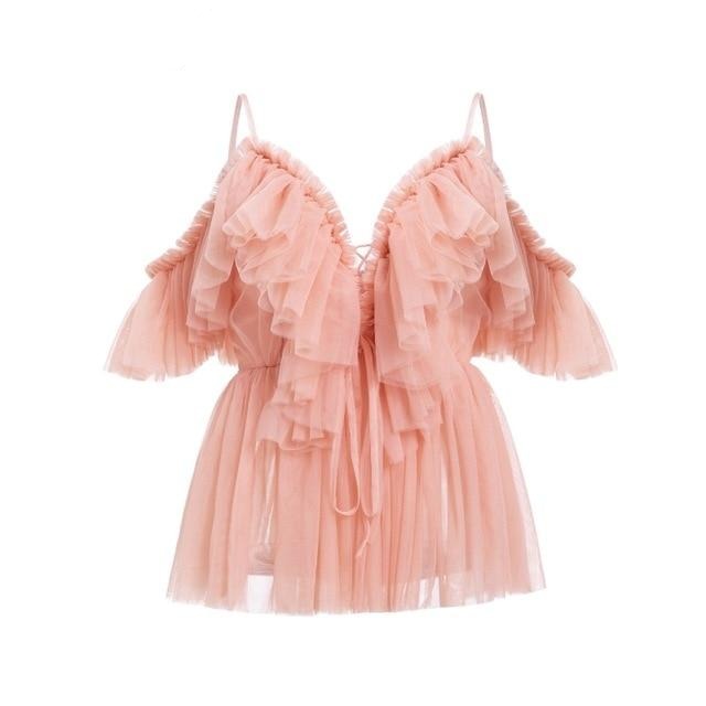 V-Neck Strap Boho Mesh Blouse Shirt