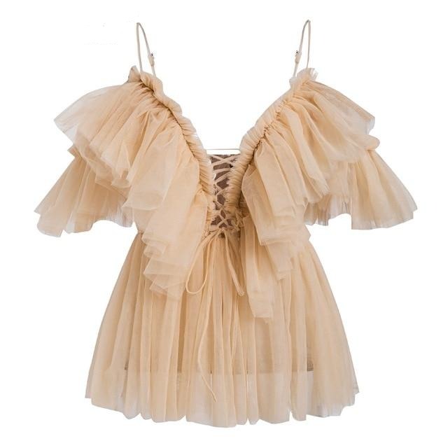 V-Neck Strap Boho Mesh Blouse Shirt