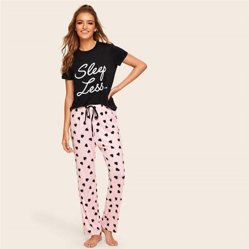 Slogan Print Top And Drawstring Waist