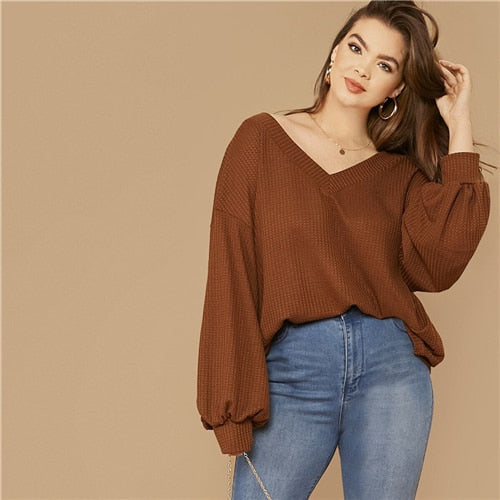 Shoulder Lantern Sleeve Waffle Knit Top