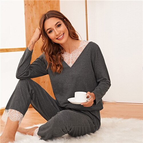 Grey Lace Long Pajama Set