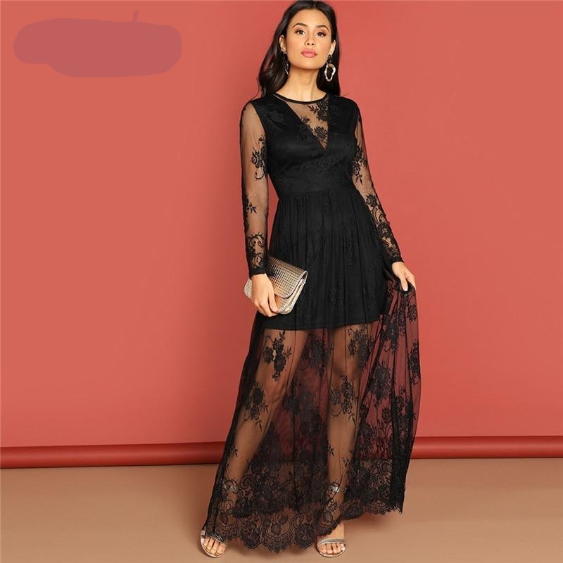 Black Contrast Lace Transparent Dress