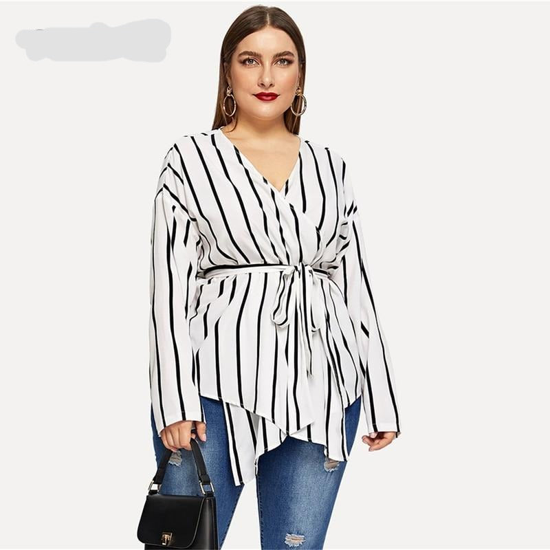 V-neck Belted Striped Blouses