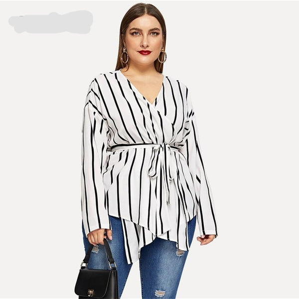 V-neck Belted Striped Blouses