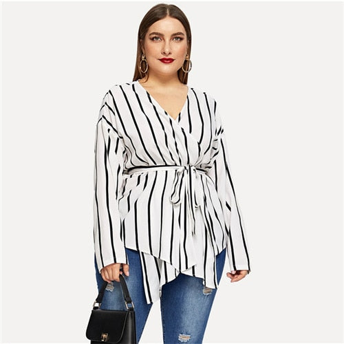 V-neck Belted Striped Blouses