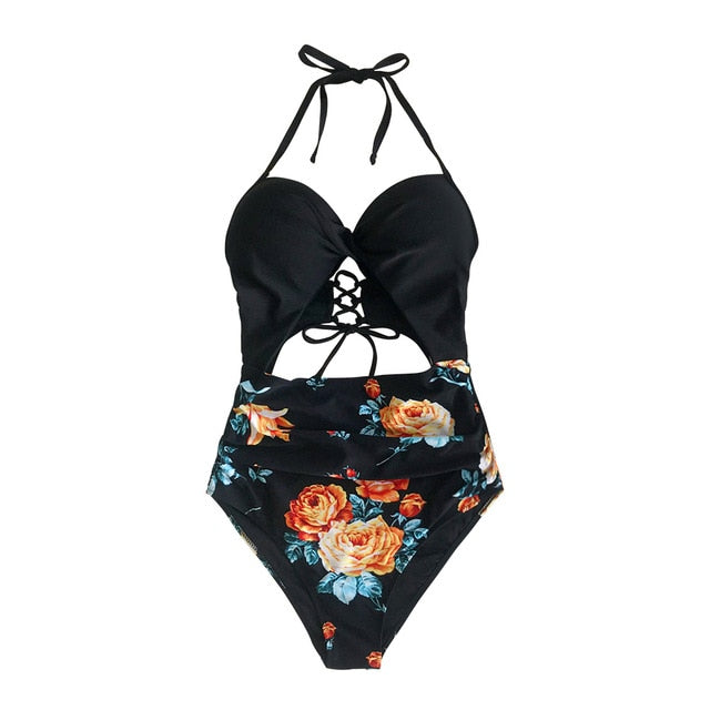 Floral Print Halter One-Piece Swimsuit