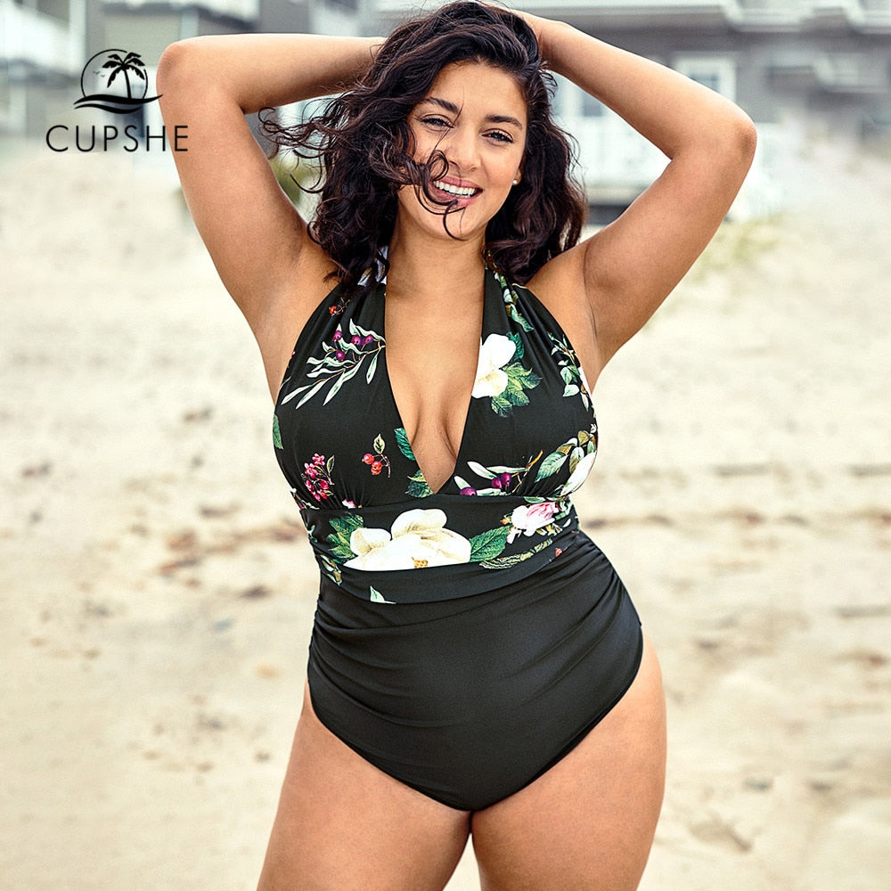 Floral Leaf Print V-Neck One Piece Swimsuit
