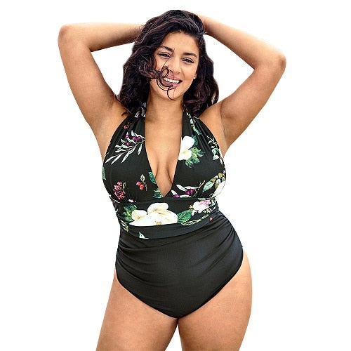 Floral Leaf Print V-Neck One Piece Swimsuit