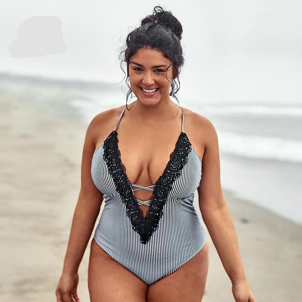 Striped Deep V-neck One Piece Swimsuit