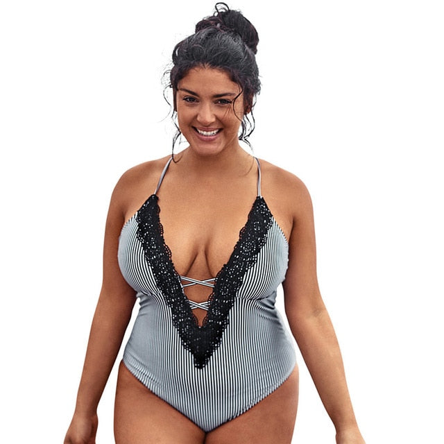 Striped Deep V-neck One Piece Swimsuit