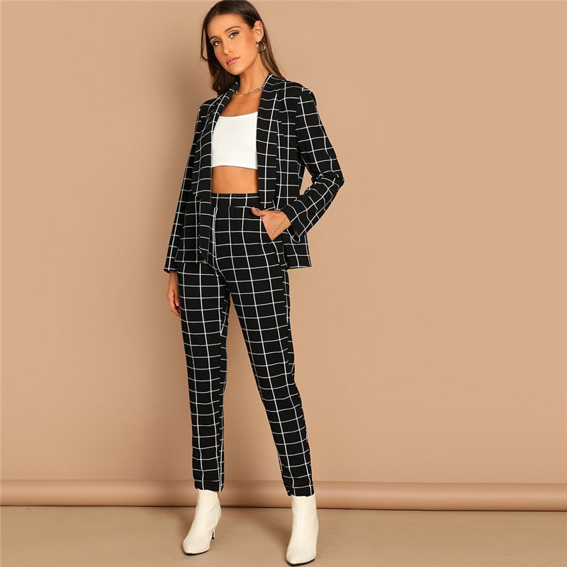 Black Stretchy Grid Print Blazer Pants