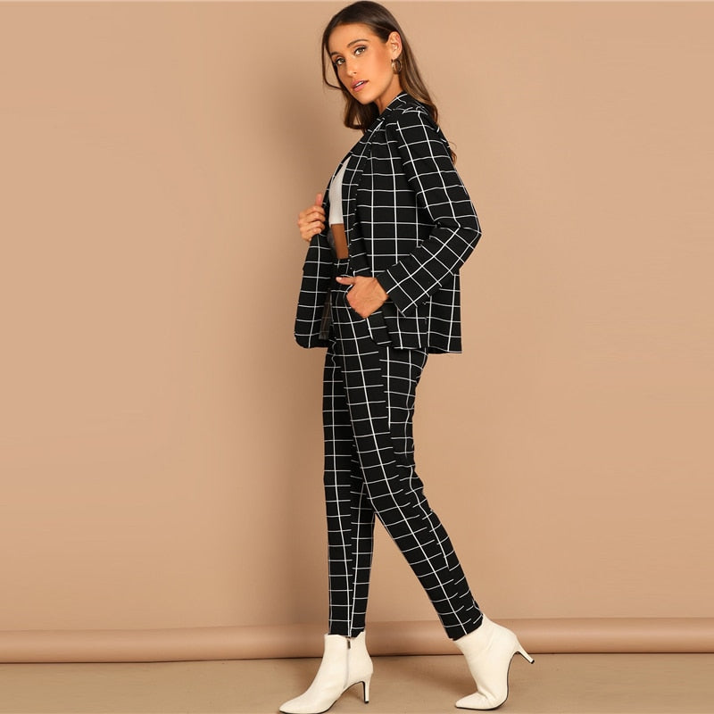 Black Stretchy Grid Print Blazer Pants