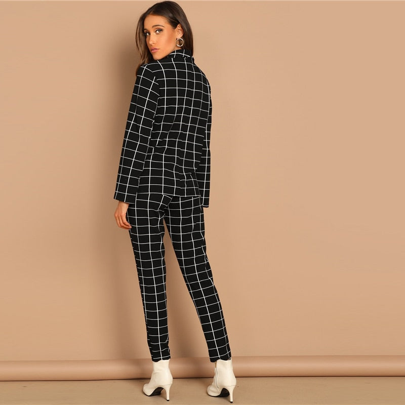 Black Stretchy Grid Print Blazer Pants