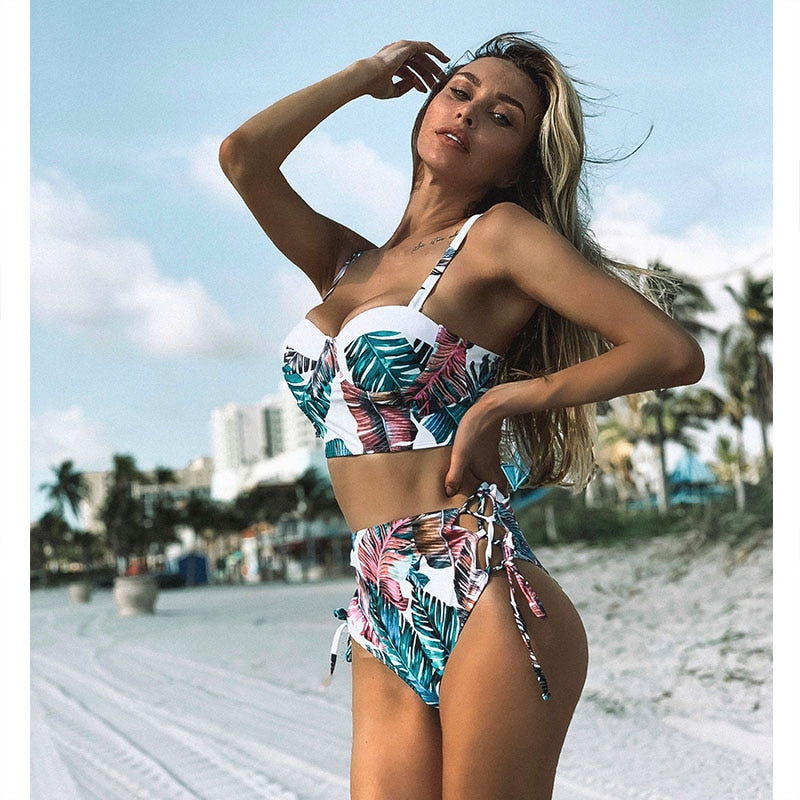 Waist Swimwear  Leaf Print Swimsuit