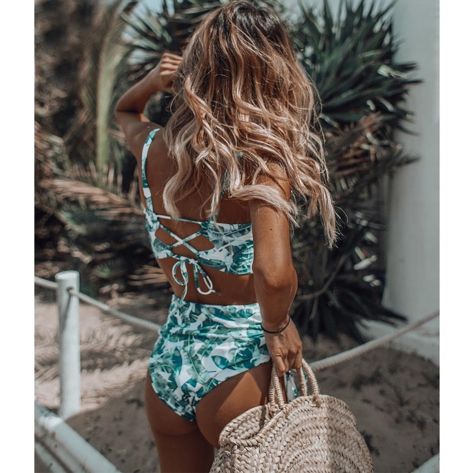 Waist Swimwear  Leaf Print Swimsuit