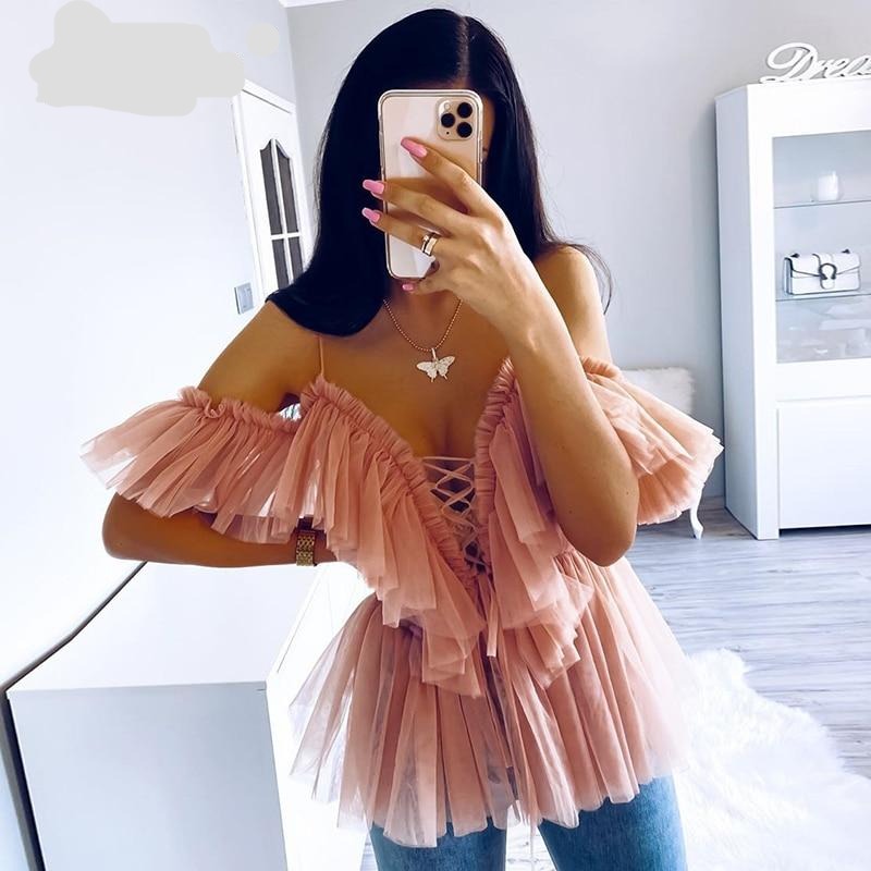 V-Neck Strap Boho Mesh Blouse Shirt