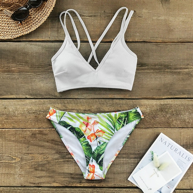 Leaf Print Low-waist Bikini Sets