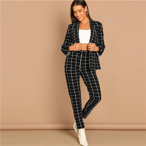 Black Stretchy Grid Print Blazer Pants