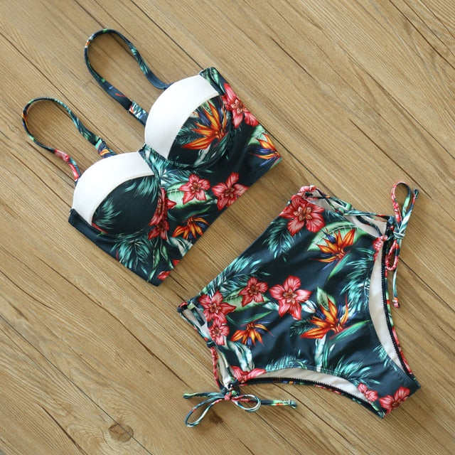 Waist Swimwear  Leaf Print Swimsuit