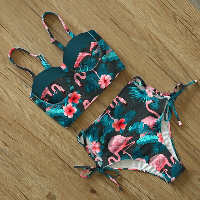 Waist Swimwear  Leaf Print Swimsuit