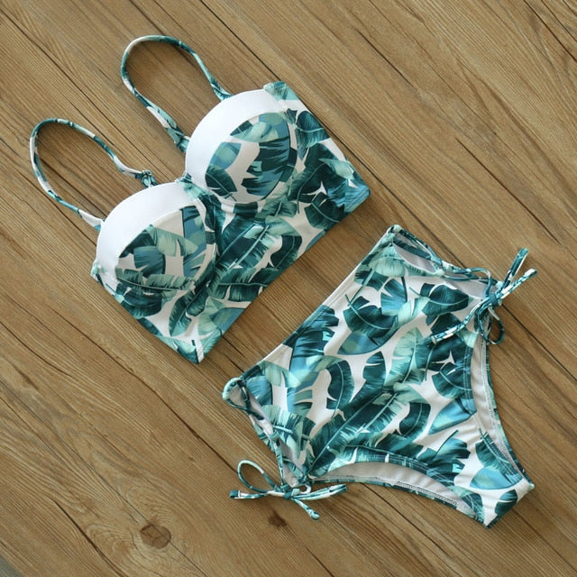 Waist Swimwear  Leaf Print Swimsuit