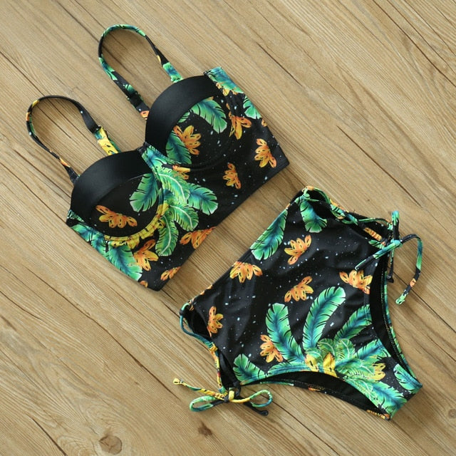 Waist Swimwear  Leaf Print Swimsuit