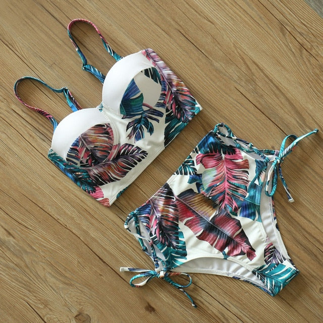 Waist Swimwear  Leaf Print Swimsuit