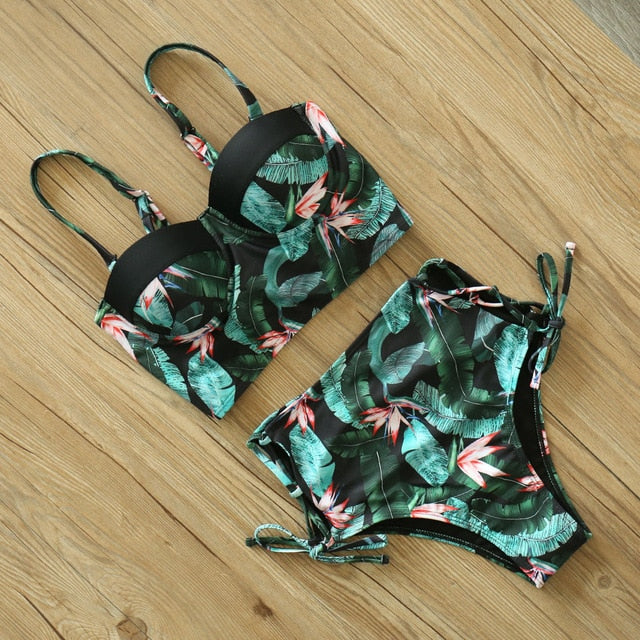 Waist Swimwear  Leaf Print Swimsuit