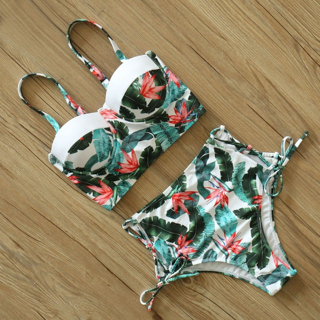 Waist Swimwear  Leaf Print Swimsuit