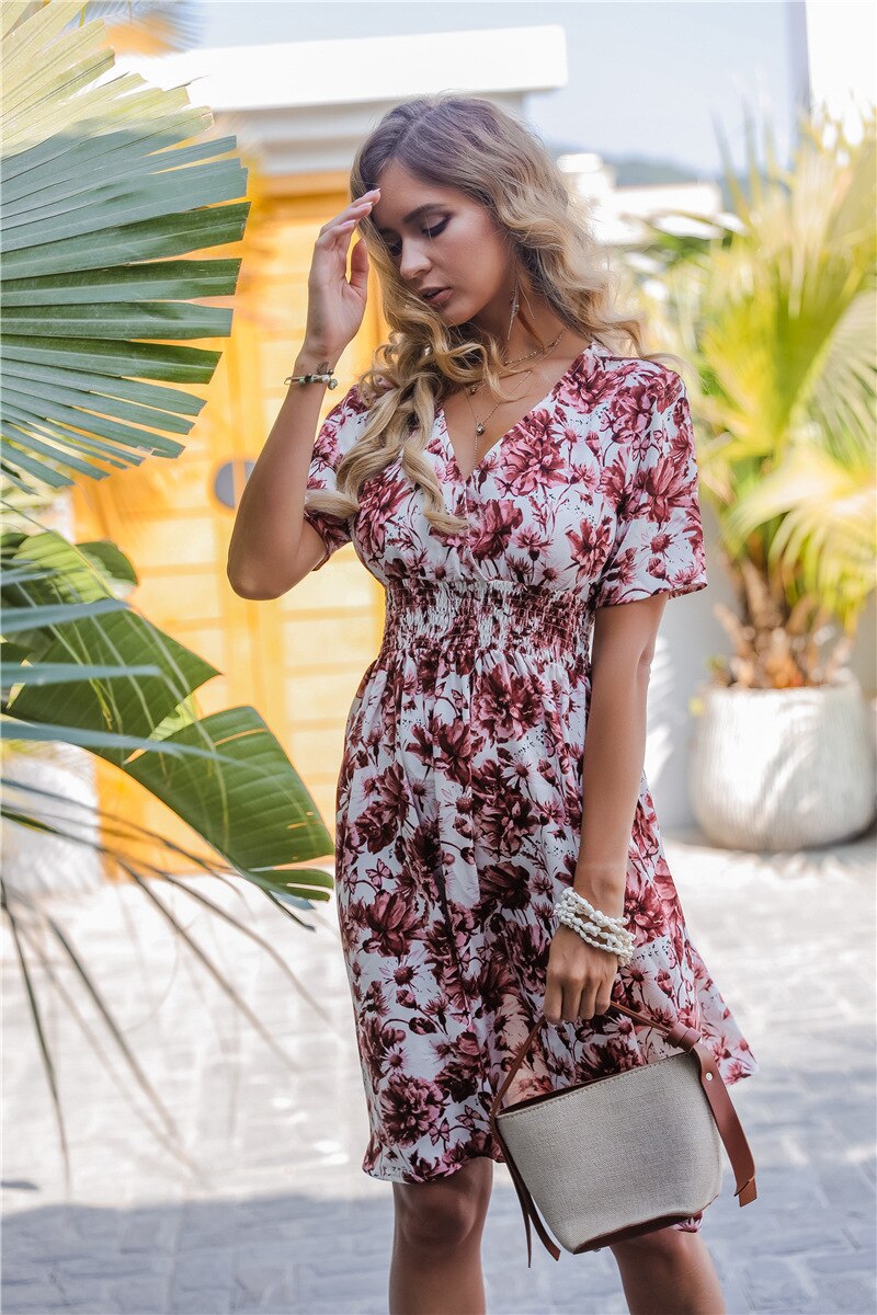 V-Neck floral print draped dress