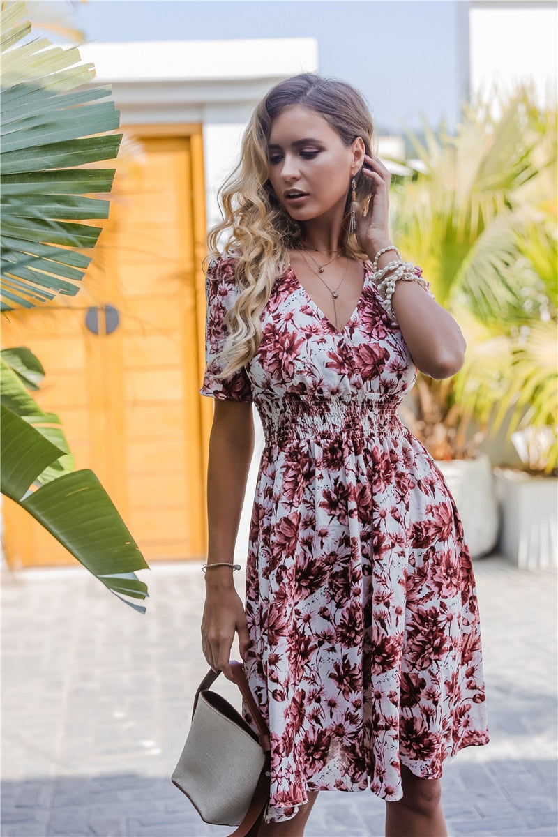 V-Neck floral print draped dress