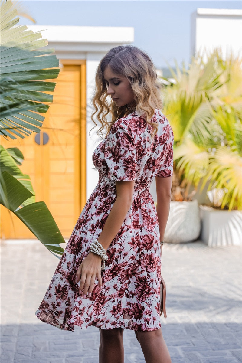 V-Neck floral print draped dress