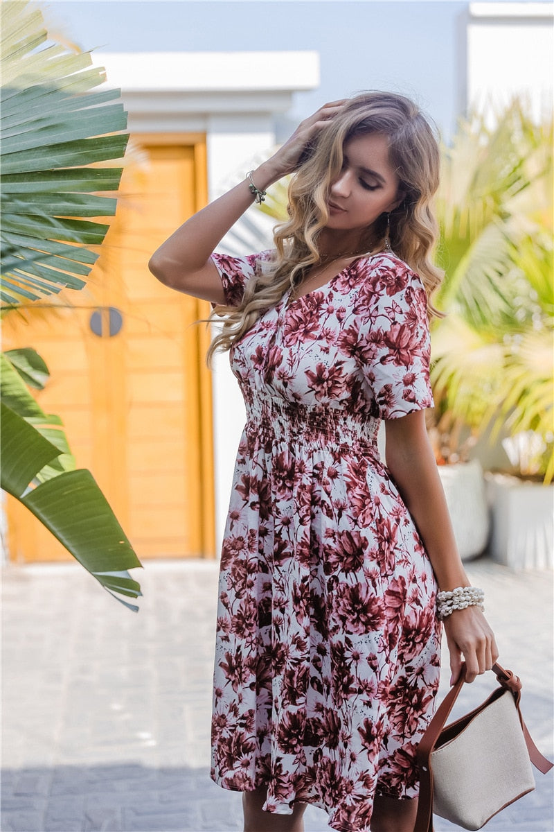 V-Neck floral print draped dress
