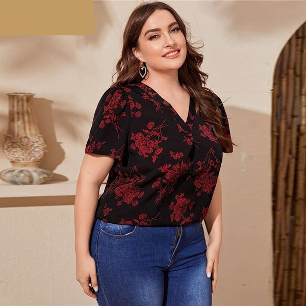Black Fold Pleated Detail Floral Top