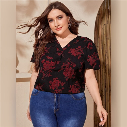 Black Fold Pleated Detail Floral Top
