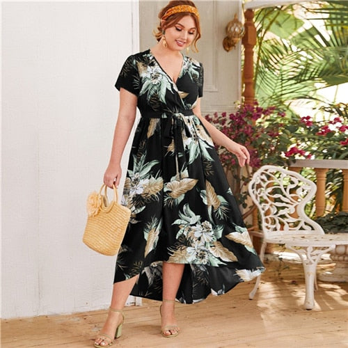 Surplice Neck Self  Print Plus Size Dress