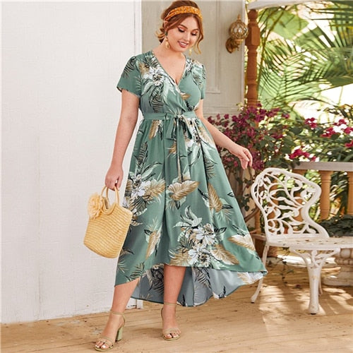 Surplice Neck Self  Print Plus Size Dress