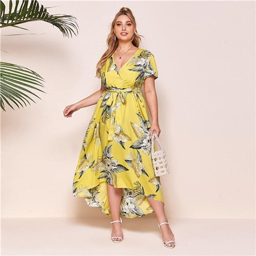 Surplice Neck Self  Print Plus Size Dress