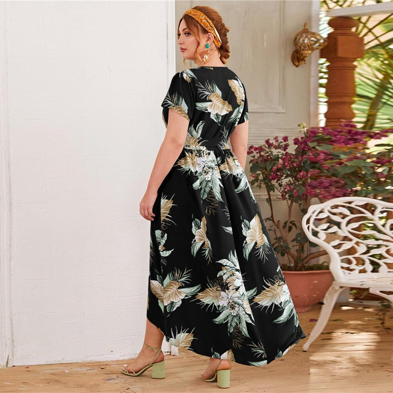 Surplice Neck Self  Print Plus Size Dress