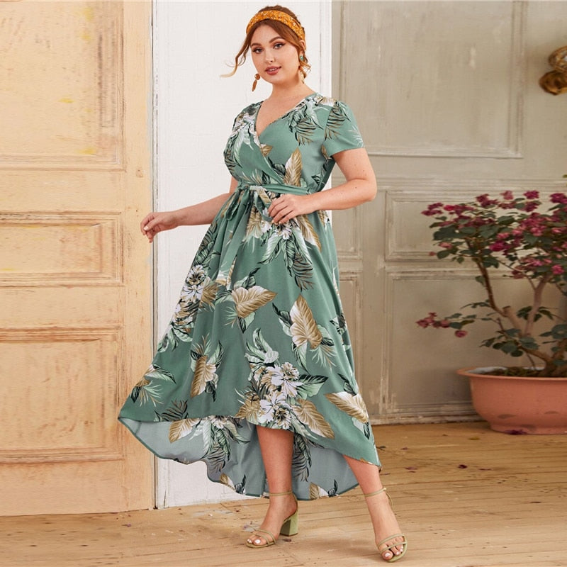 Surplice Neck Self  Print Plus Size Dress