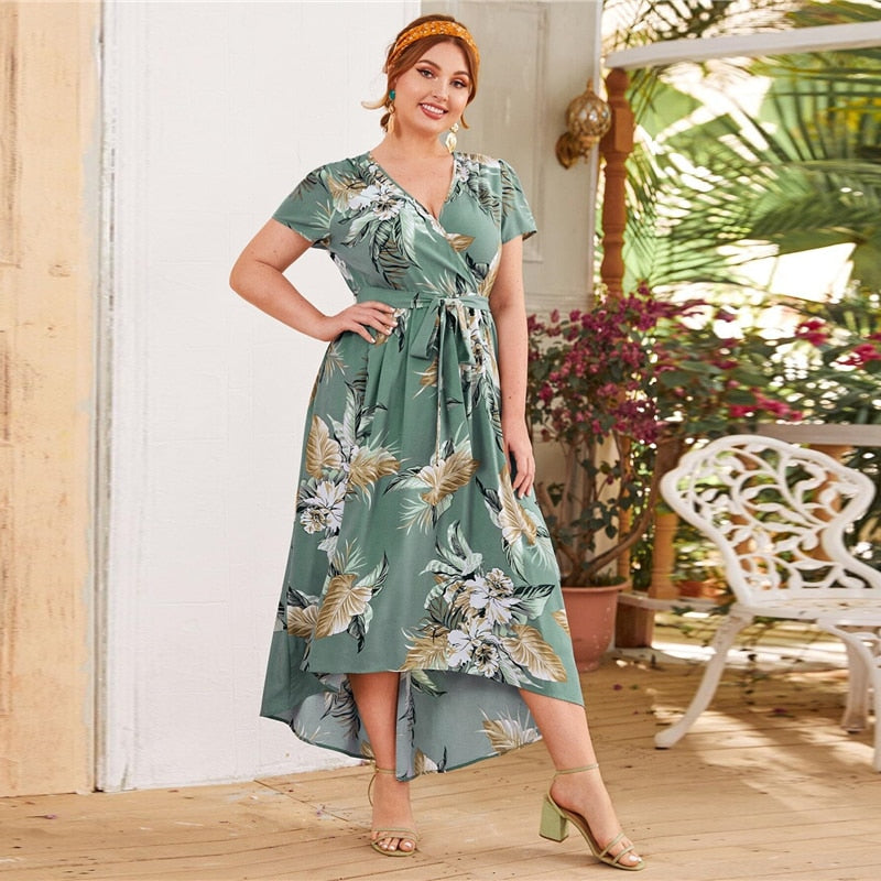 Surplice Neck Self  Print Plus Size Dress